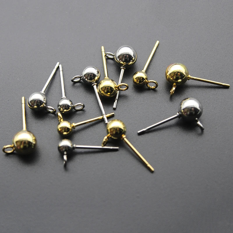 20PCS Surgical Stainless Steel 3 4 6 mm Round Ball Earrings Stud Post with Loop Fit Women DIY Earring Jewelry Making Accessories