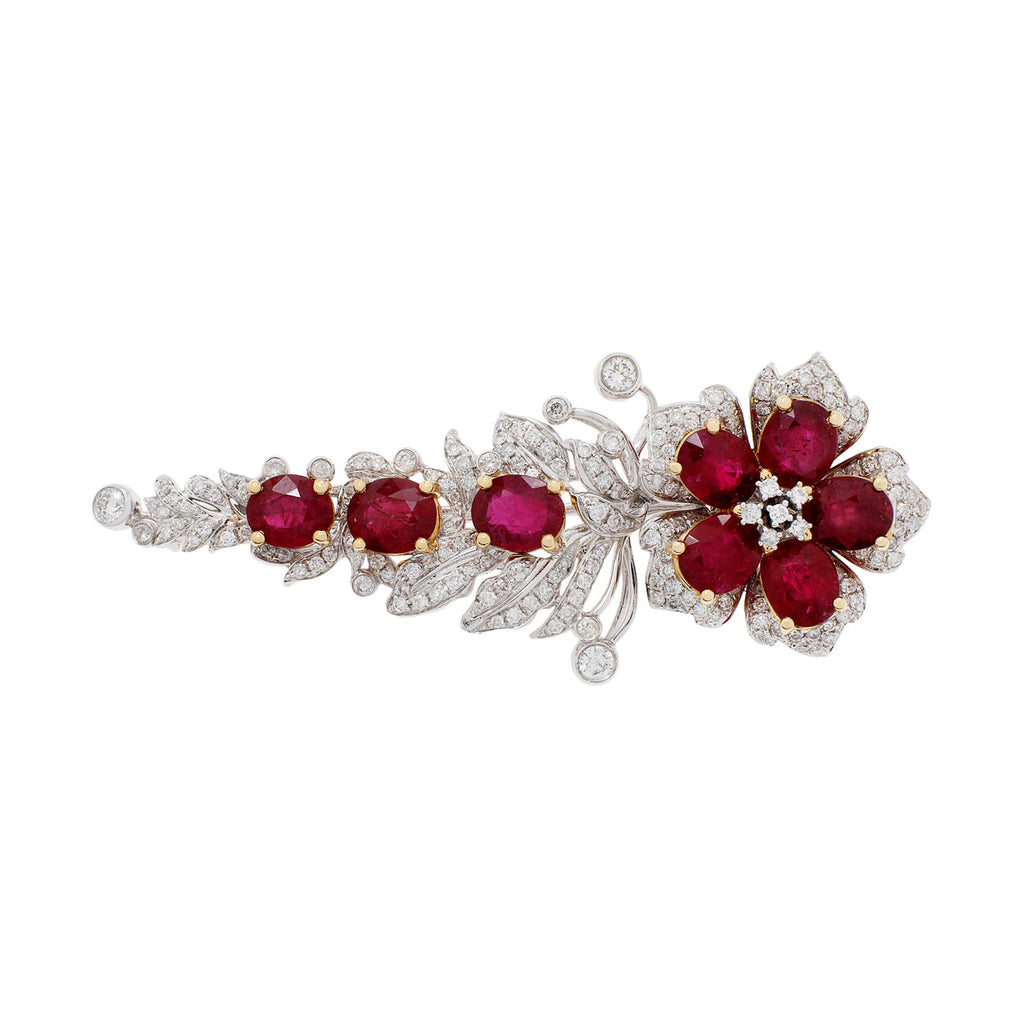 18K White Gold 6.81 Carat Ruby Blossom Brooch