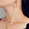 Gold Double Layered Chain Necklace Set with Face Profile Pendant Earrings Gift