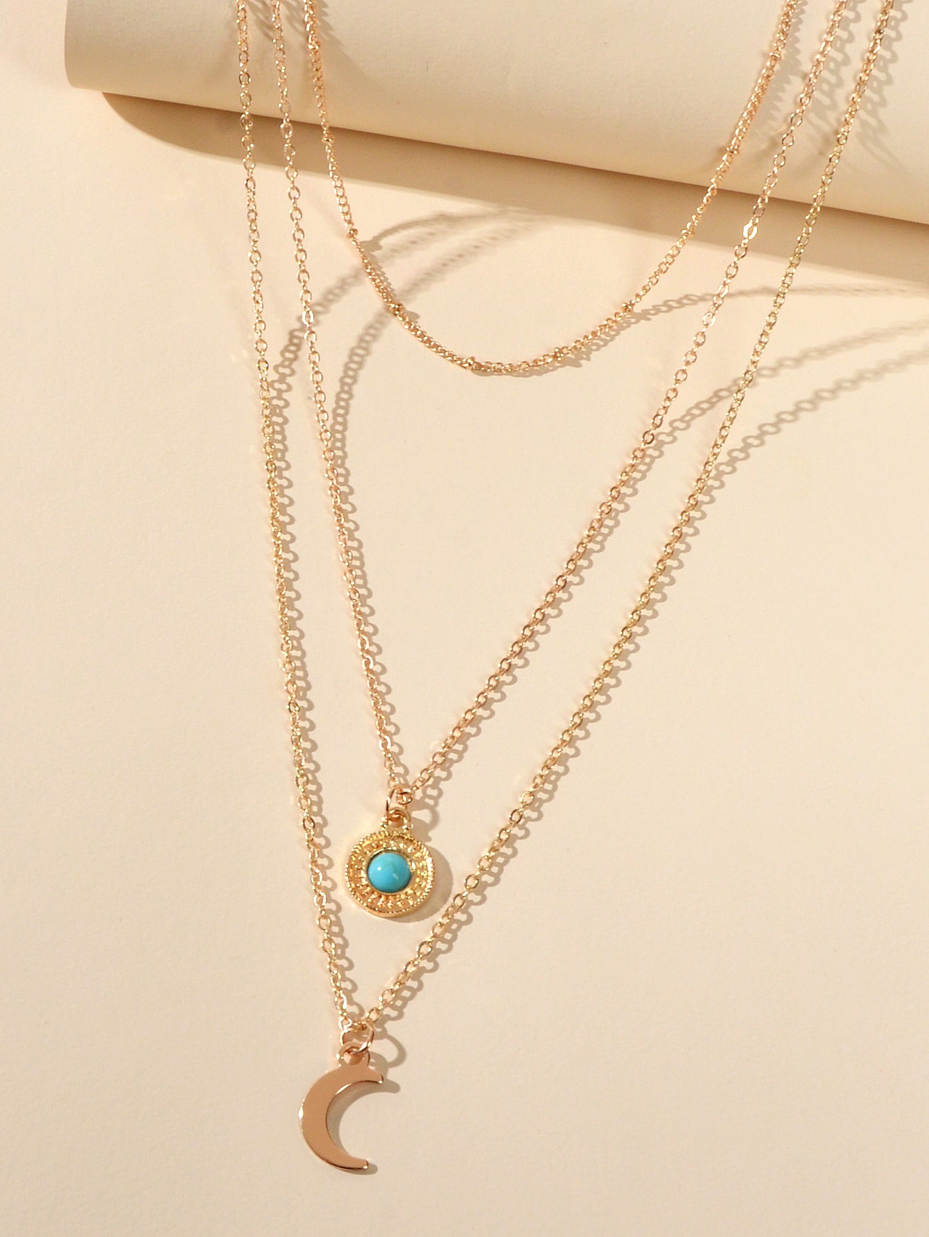 Gold Silver Multi-layer Chain Round Turquoise Moon Pendant Necklace Party Collar-4