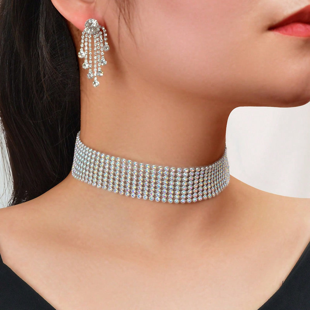 Silver Colour Full Crystal Short Choker Necklace & Tassel Earrings Jewellery Set-0