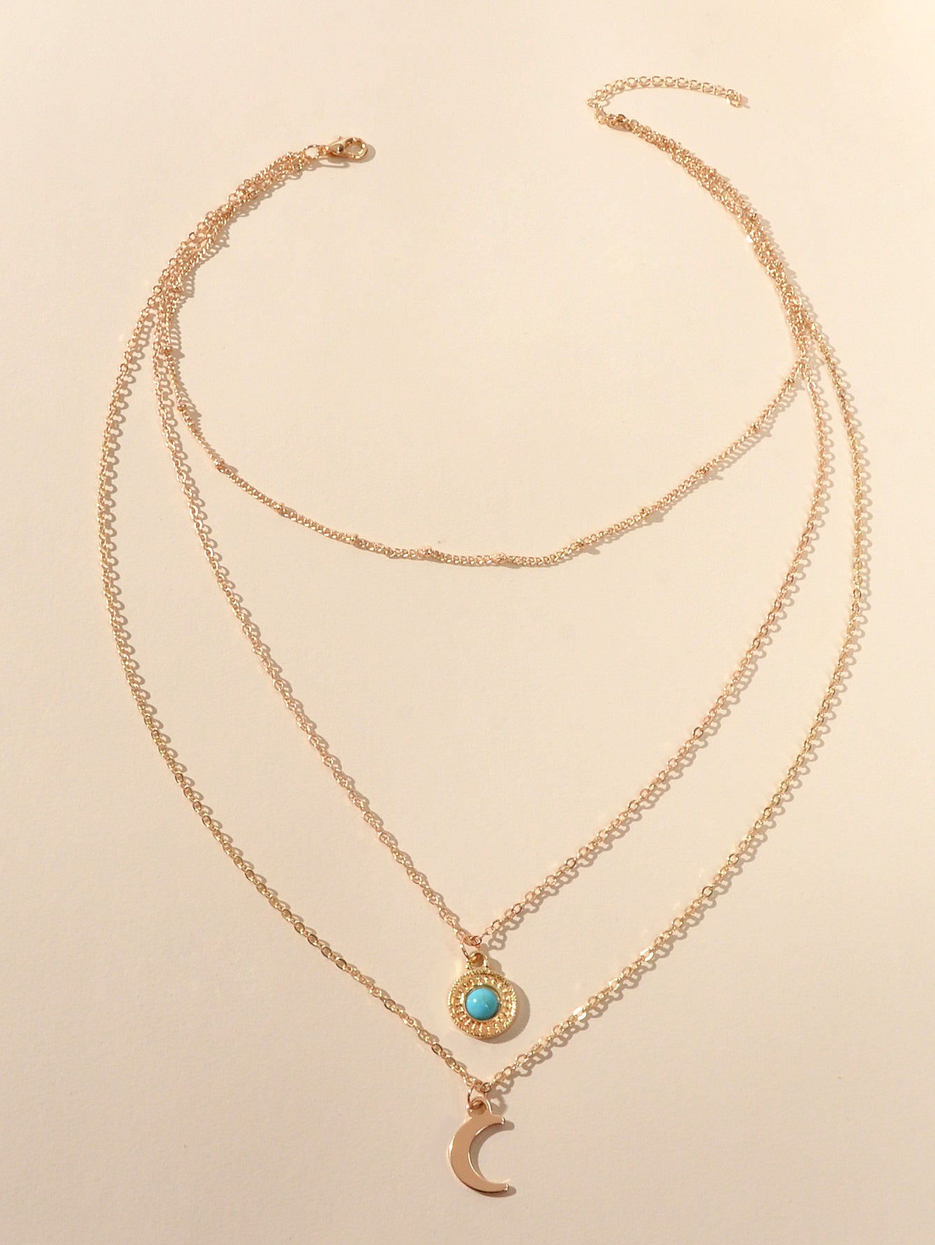Gold Silver Multi-layer Chain Round Turquoise Moon Pendant Necklace Party Collar-3