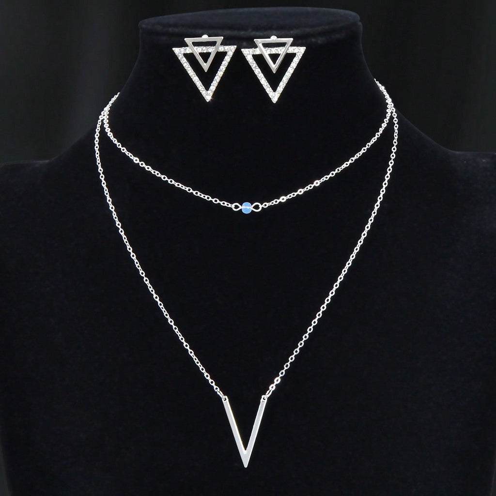 Silver V Pendant Necklace with Triangle Earrings Jewelry Set-0