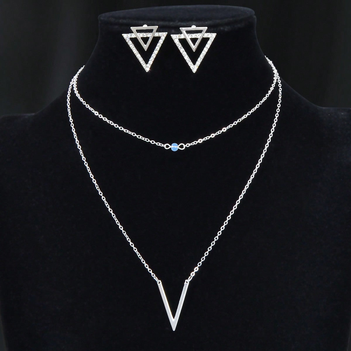 Silver V Pendant Necklace with Triangle Earrings Jewelry Set-0