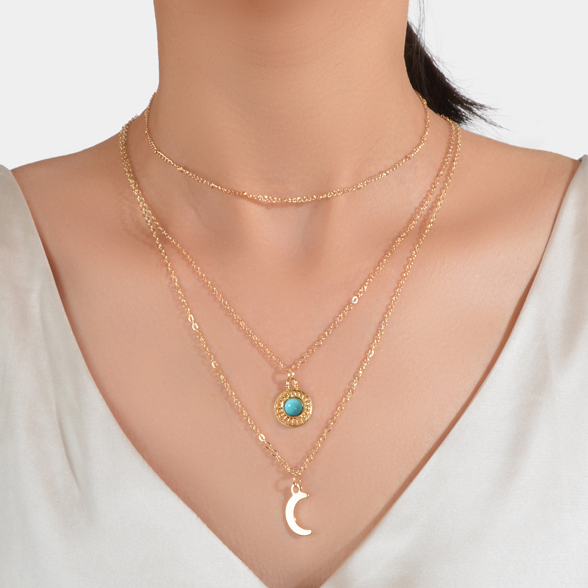 Gold Silver Multi-layer Chain Round Turquoise Moon Pendant Necklace Party Collar-0