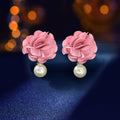 Romantic Imitation Pearl Decor Pink Flower Dangle Earrings Party Prom Jewelry