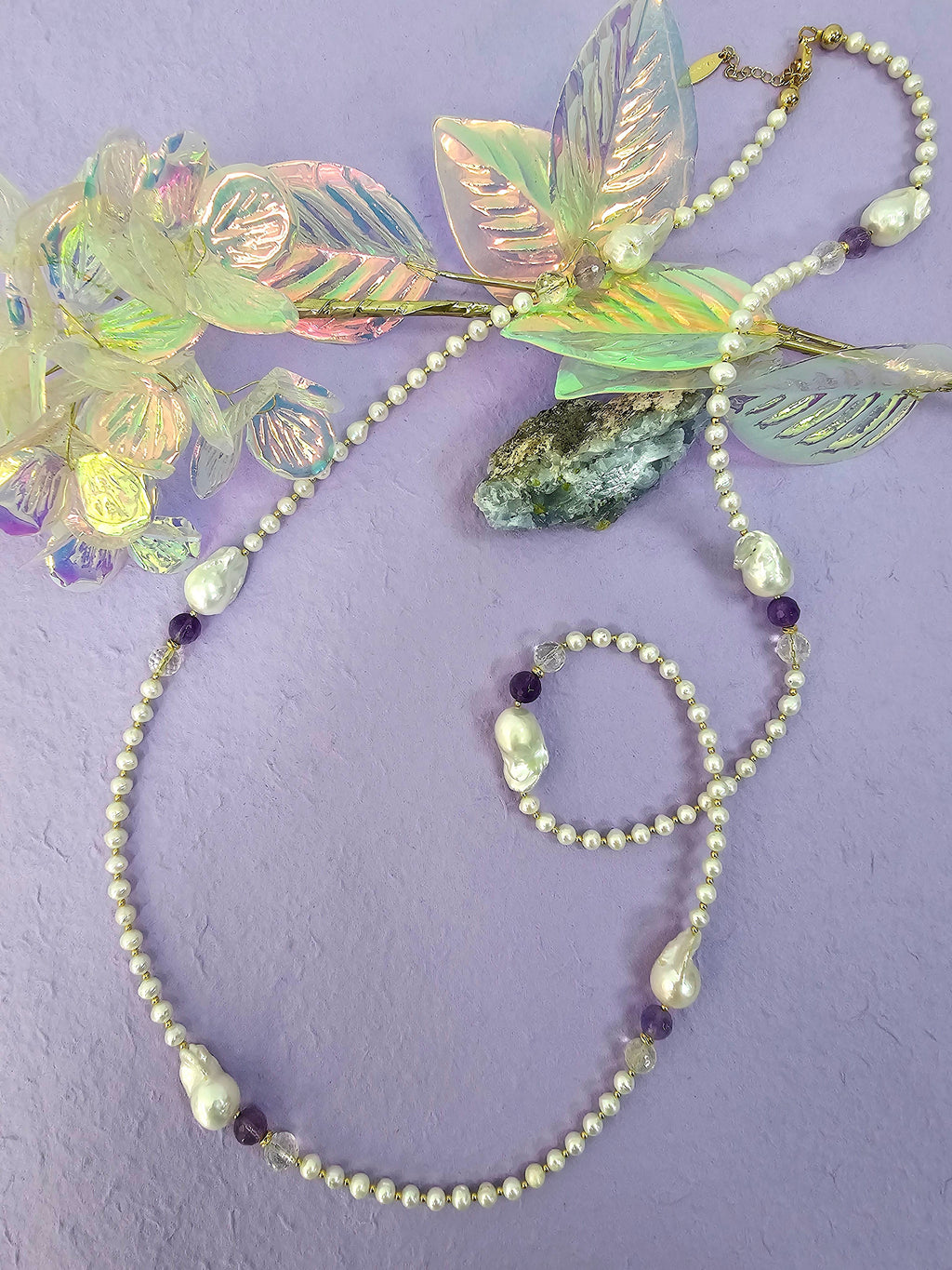 Baroque Pearls With Amethyst Long Necklace QN024