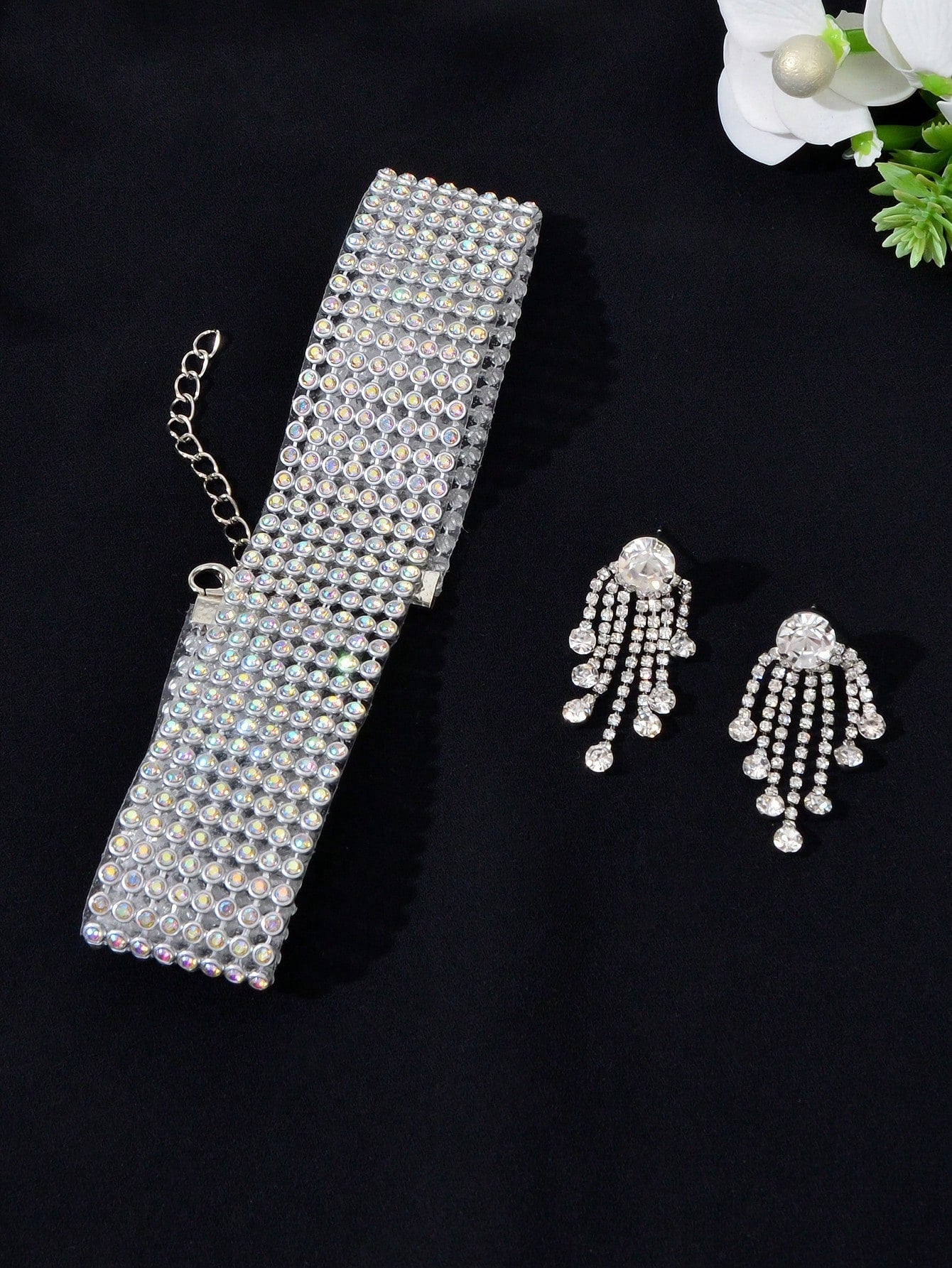 Silver Colour Full Crystal Short Choker Necklace & Tassel Earrings Jewellery Set-1