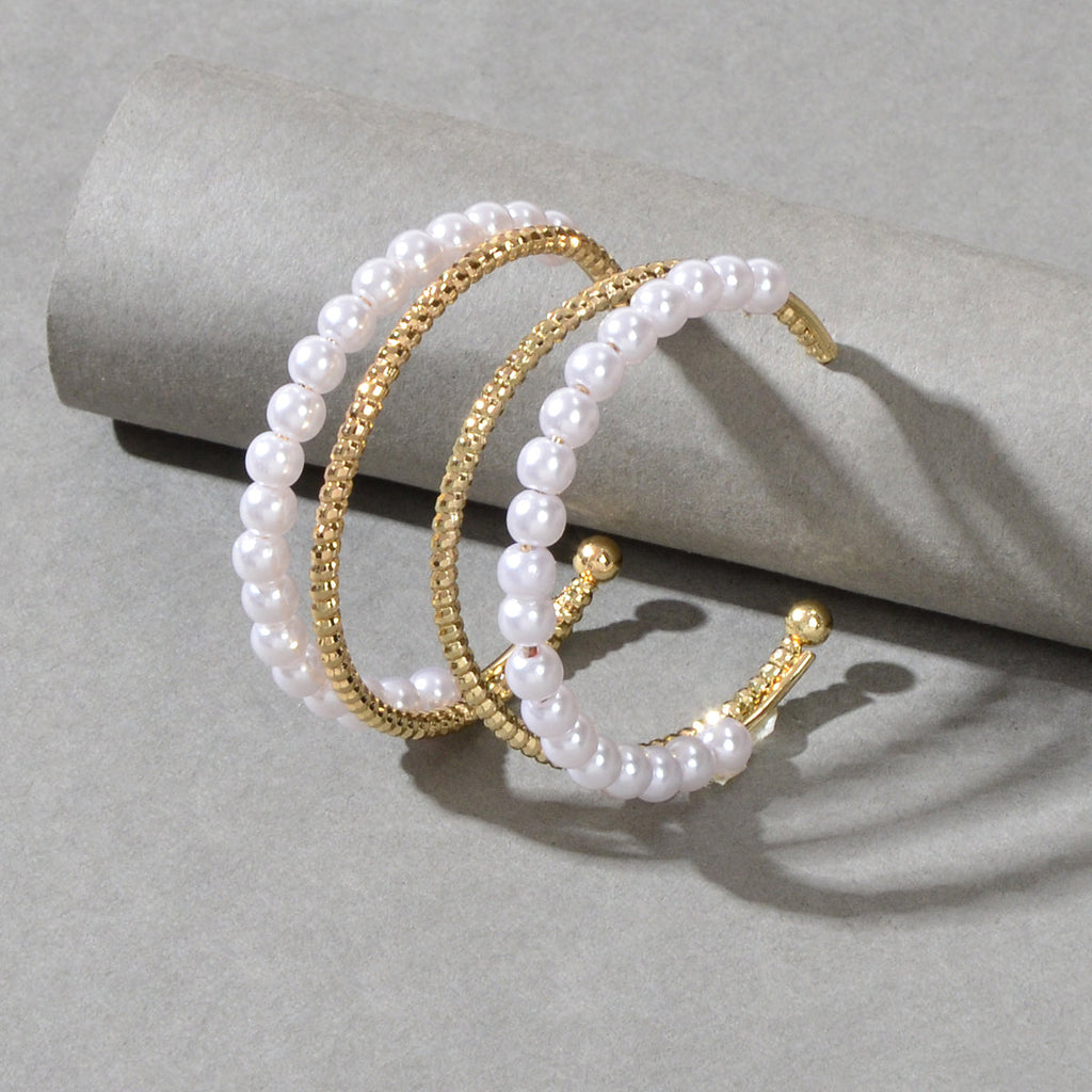 Good Quality Pearl Gold Metal Double layer Circle Chunky Hoop Huggie Earrings