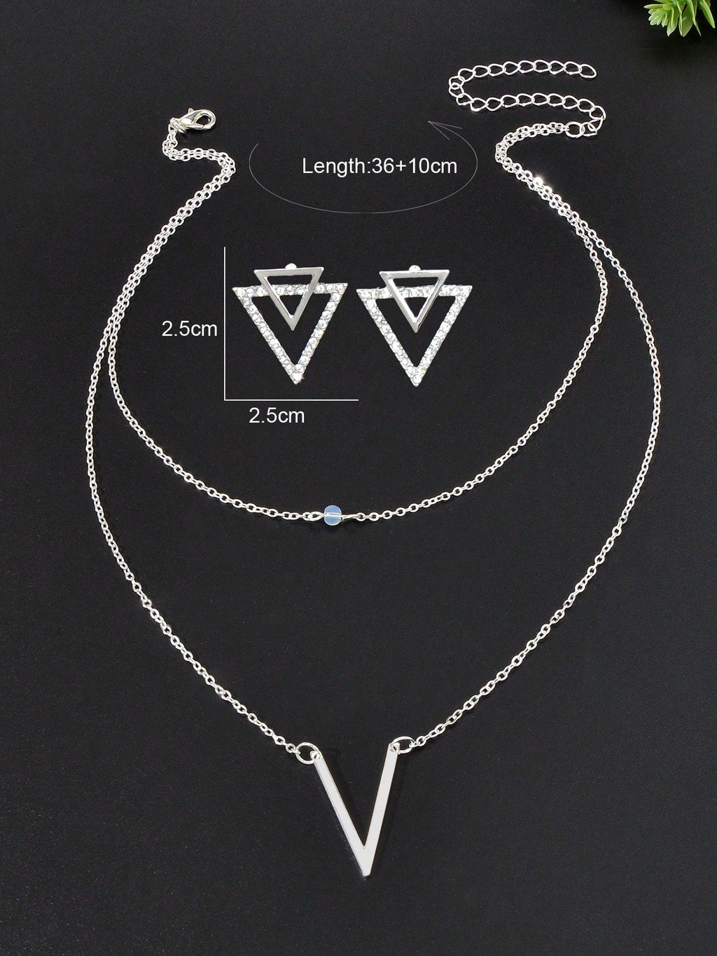 Silver V Pendant Necklace with Triangle Earrings Jewelry Set-1