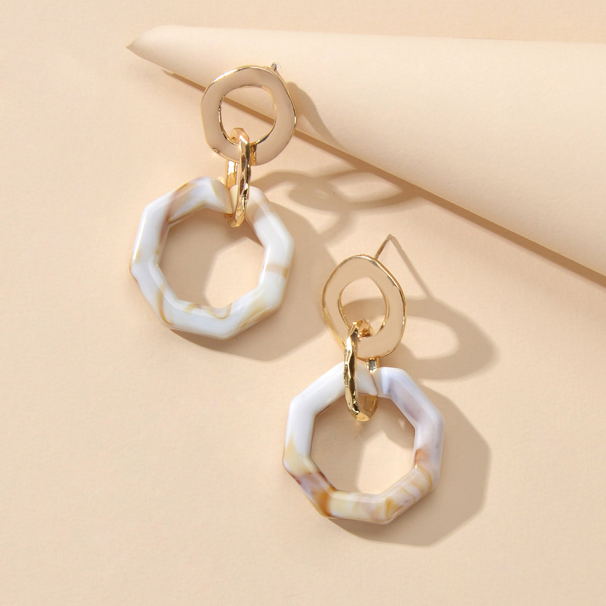 Retro Gold Lock Mottled Acrylic Marble Dangle Geometric Pierced Party Earrings-0