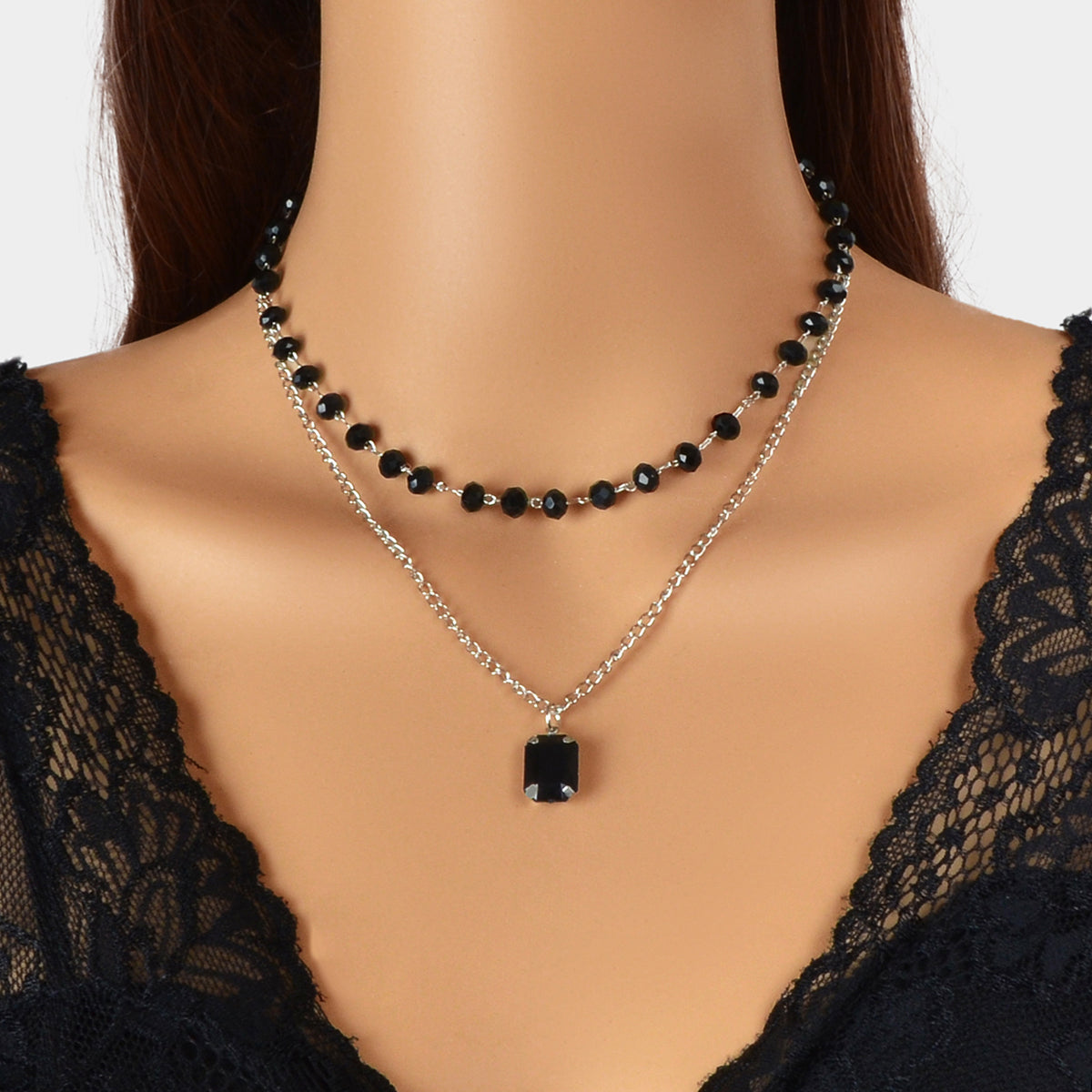 Silver Link Chain Black Beads Layering Personalized Square Charm Necklace Gift