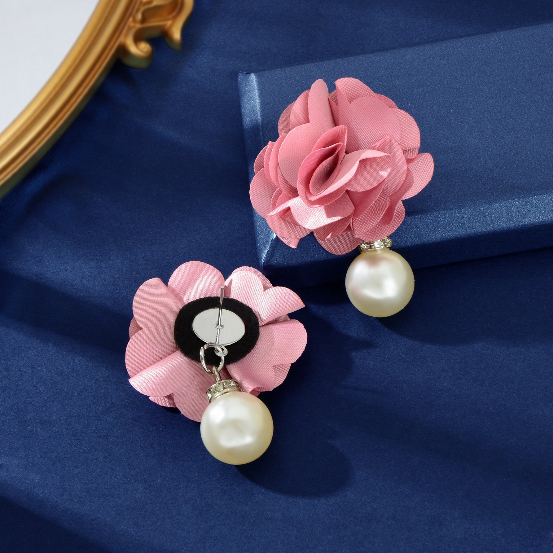 Romantic Imitation Pearl Decor Pink Flower Dangle Earrings Party Prom Jewelry-3