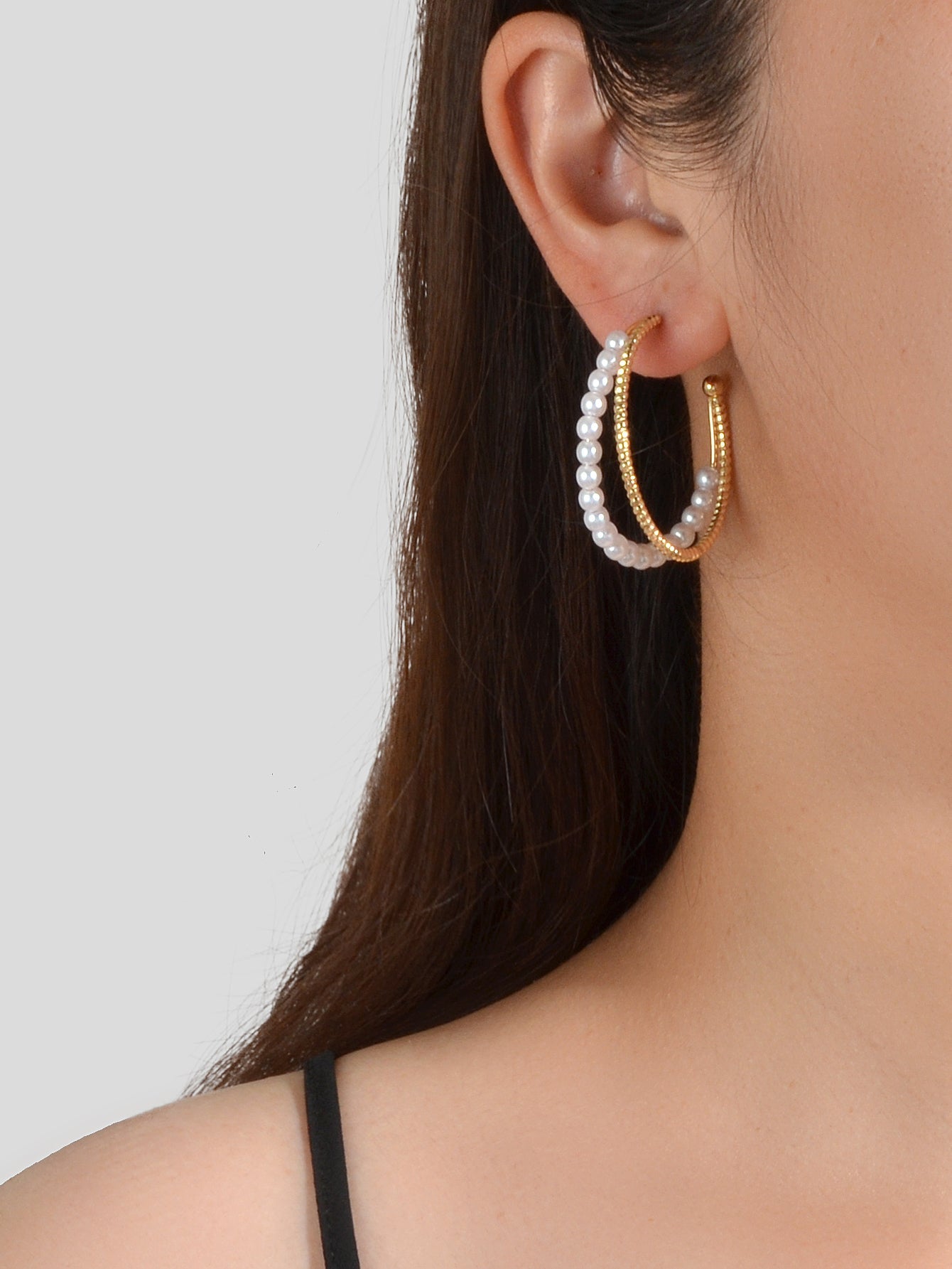 Good Quality Pearl Gold Metal Double layer Circle Chunky Hoop Huggie Earrings