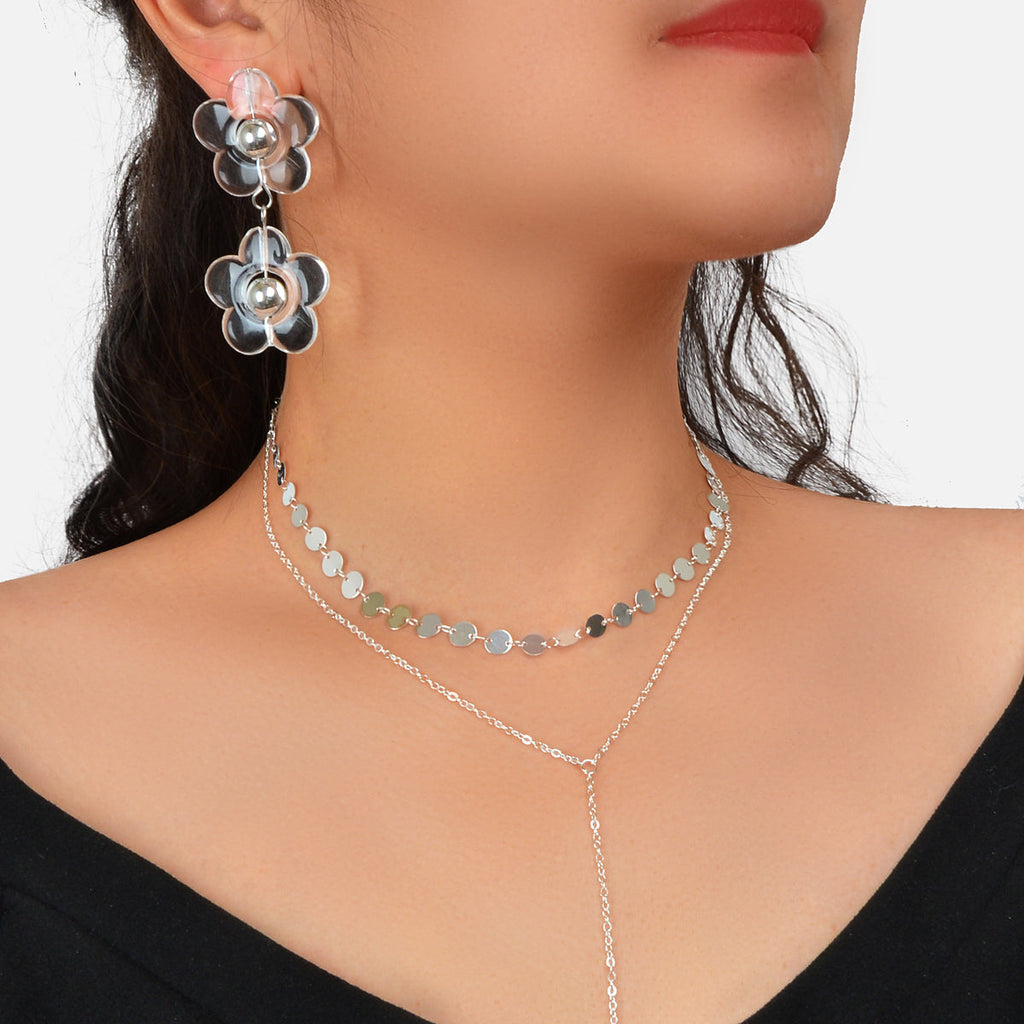 Multi-Layer Tassel Necklace Large Transparent Flower Stud Earrings Jewellery Set-0