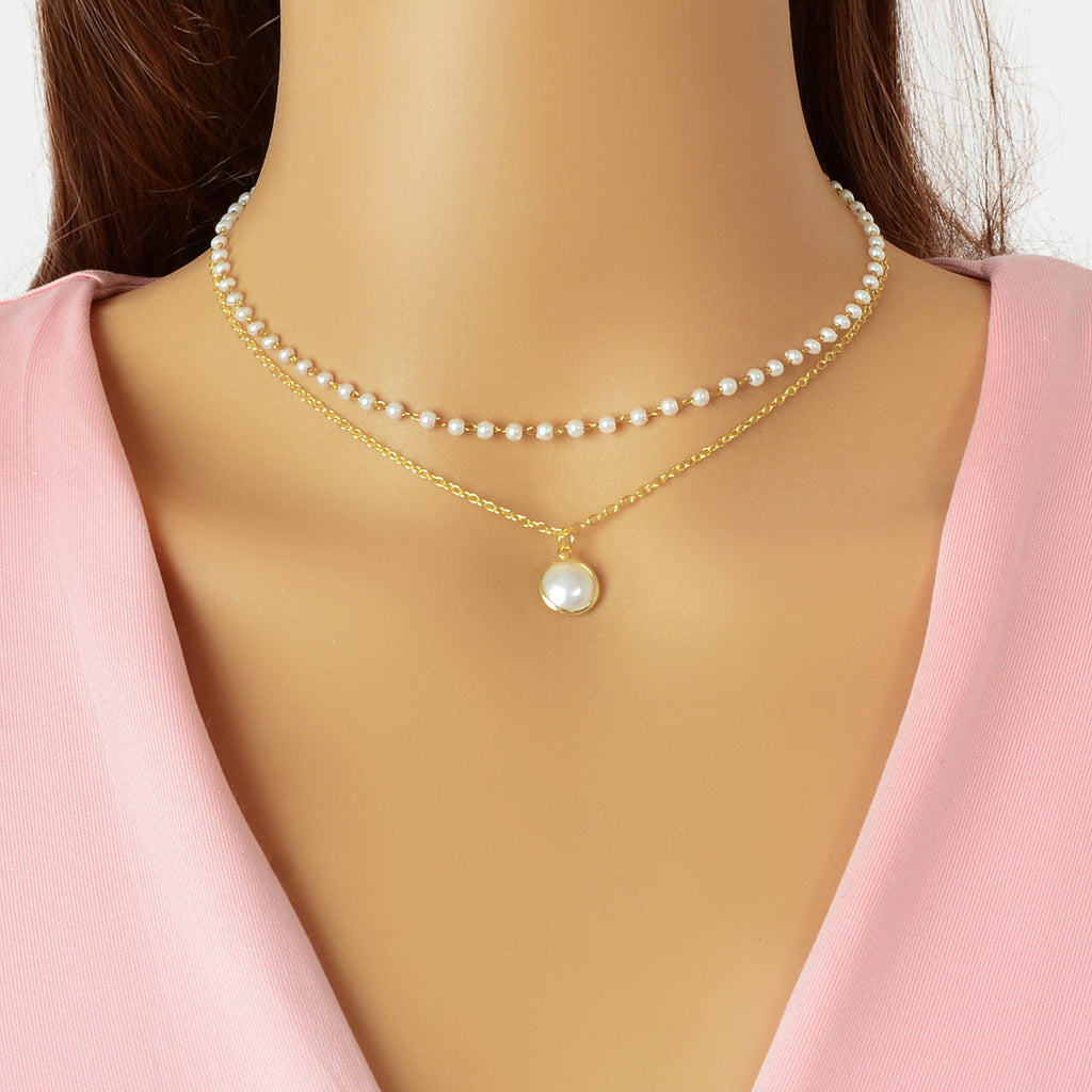2 Layers Women Gold Pearl Charm Pendant Necklace Boho Statement Beautiful Choker-0