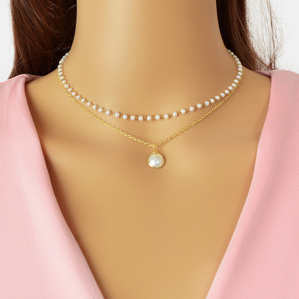 2 Layers Women Gold Pearl Charm Pendant Necklace Boho Statement Beautiful Choker-0