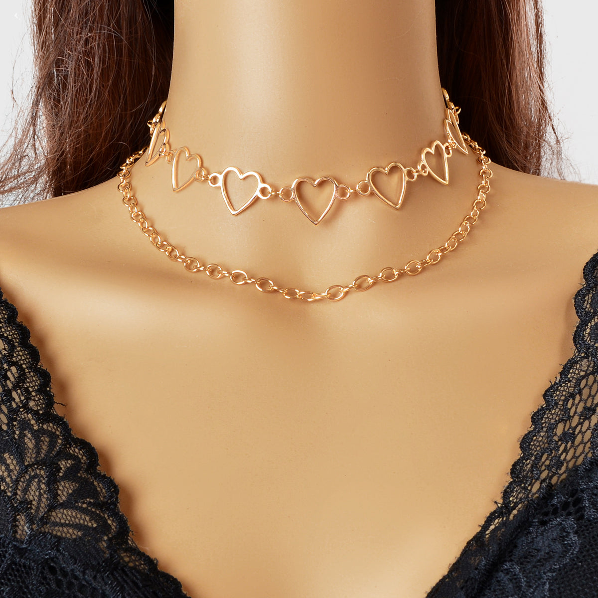 2 pcs Rock Punk Crude Chain Short Necklace Heart Choker Fashion Collar-4