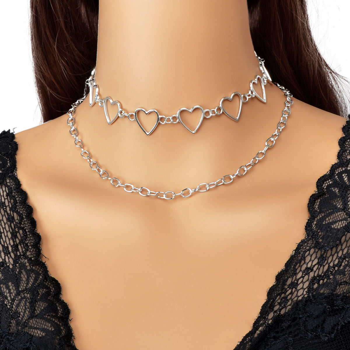 2 pcs Rock Punk Crude Chain Short Necklace Heart Choker Fashion Collar-0