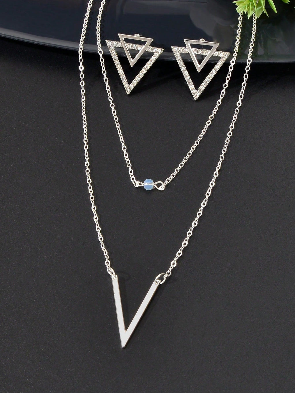 Silver V Pendant Necklace with Triangle Earrings Jewelry Set-2