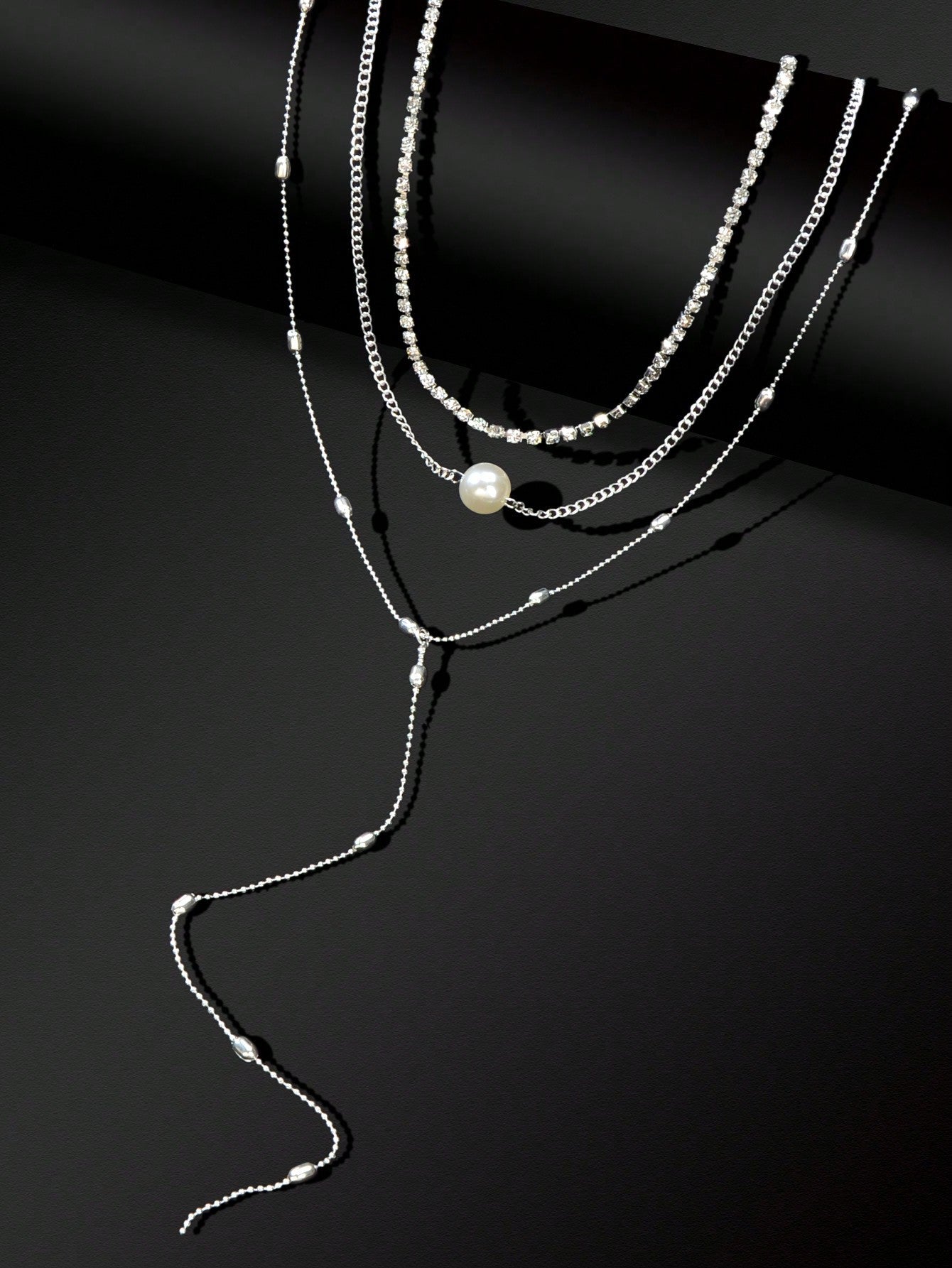 Silver Triple-Layer Chain Long Tassel Necklace Elegant Statement Piece