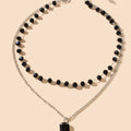 Silver Link Chain Black Beads Layering Personalized Square Charm Necklace Gift