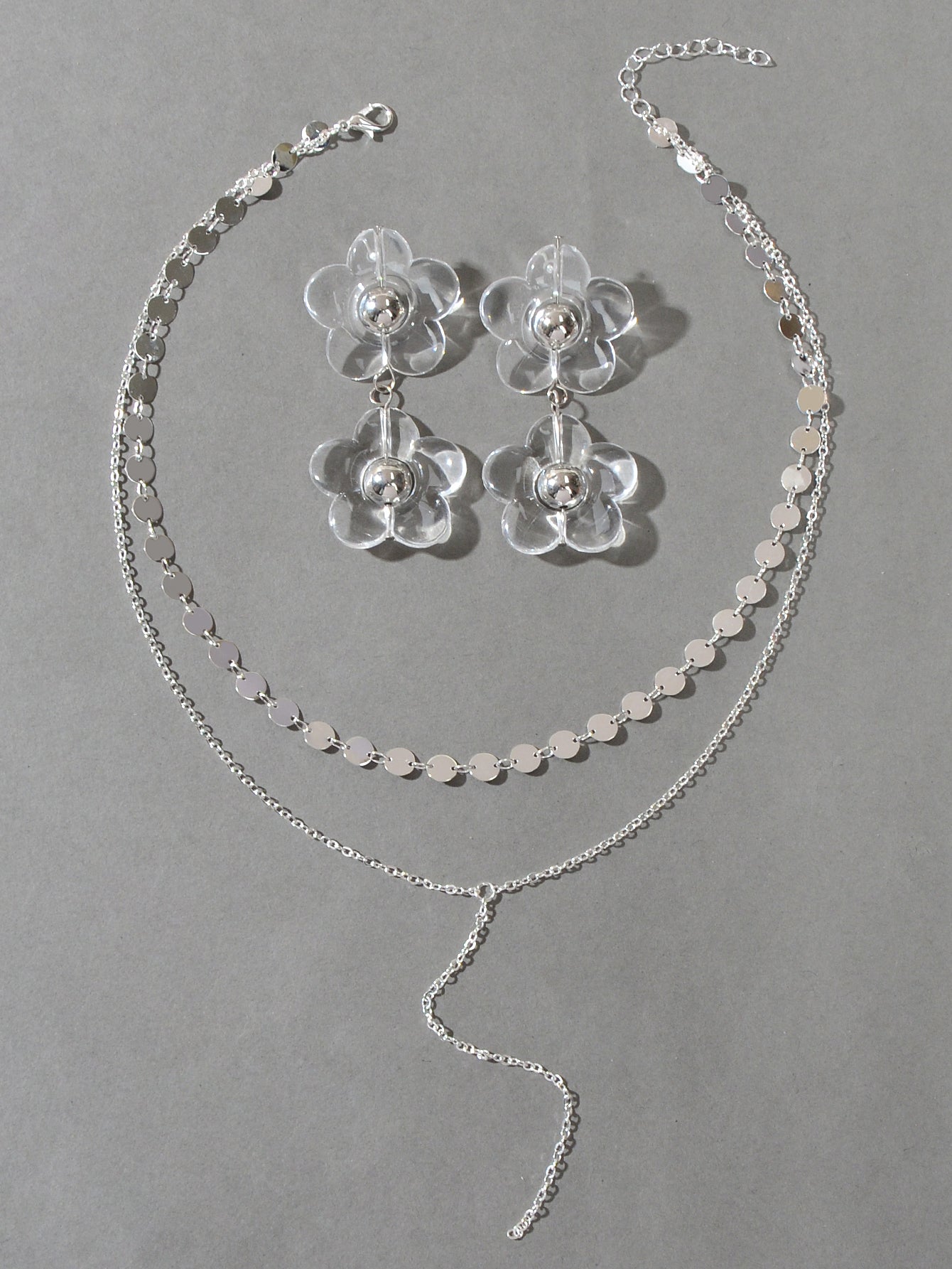Multi-Layer Tassel Necklace Large Transparent Flower Stud Earrings Jewellery Set-1