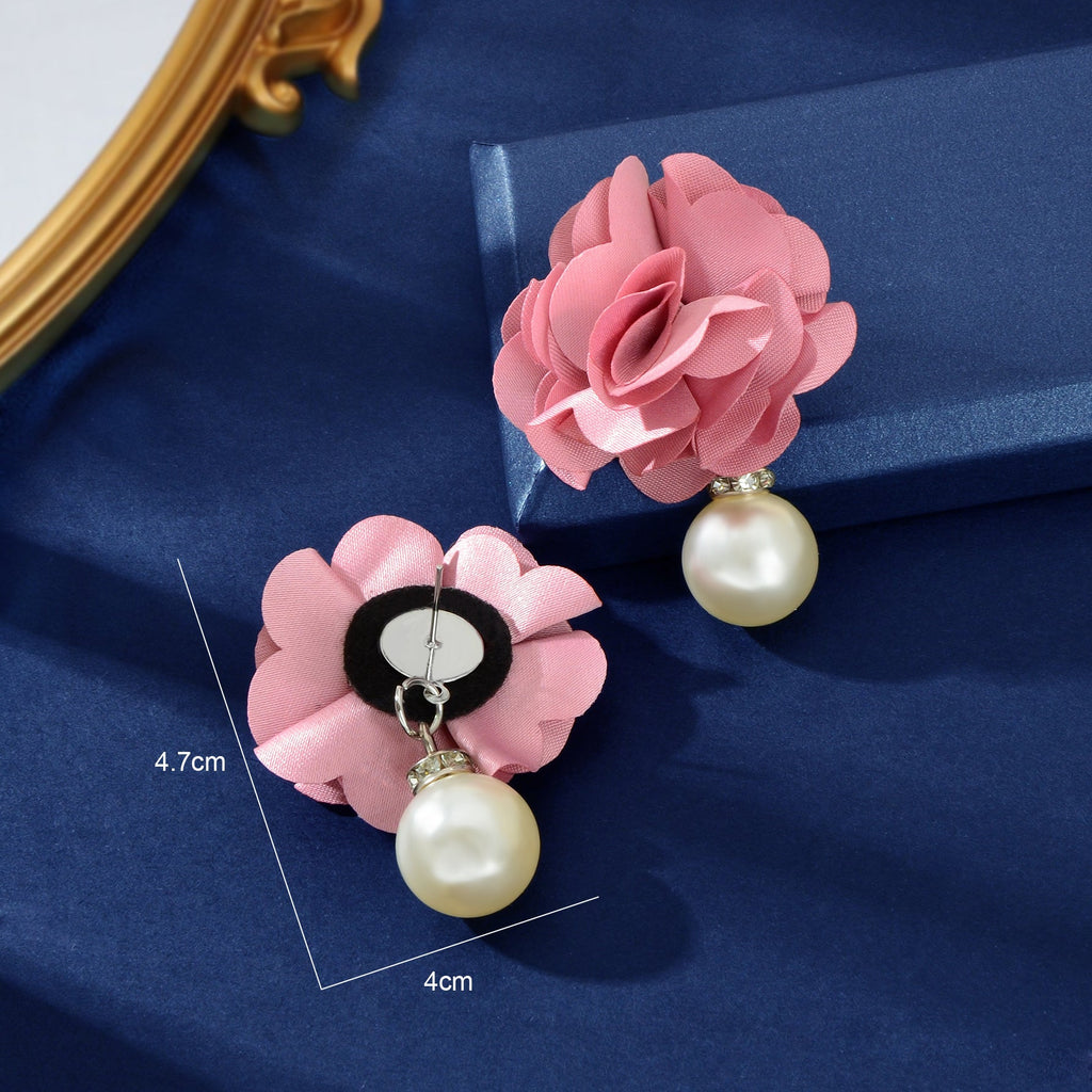 Romantic Imitation Pearl Decor Pink Flower Dangle Earrings Party Prom Jewelry-4
