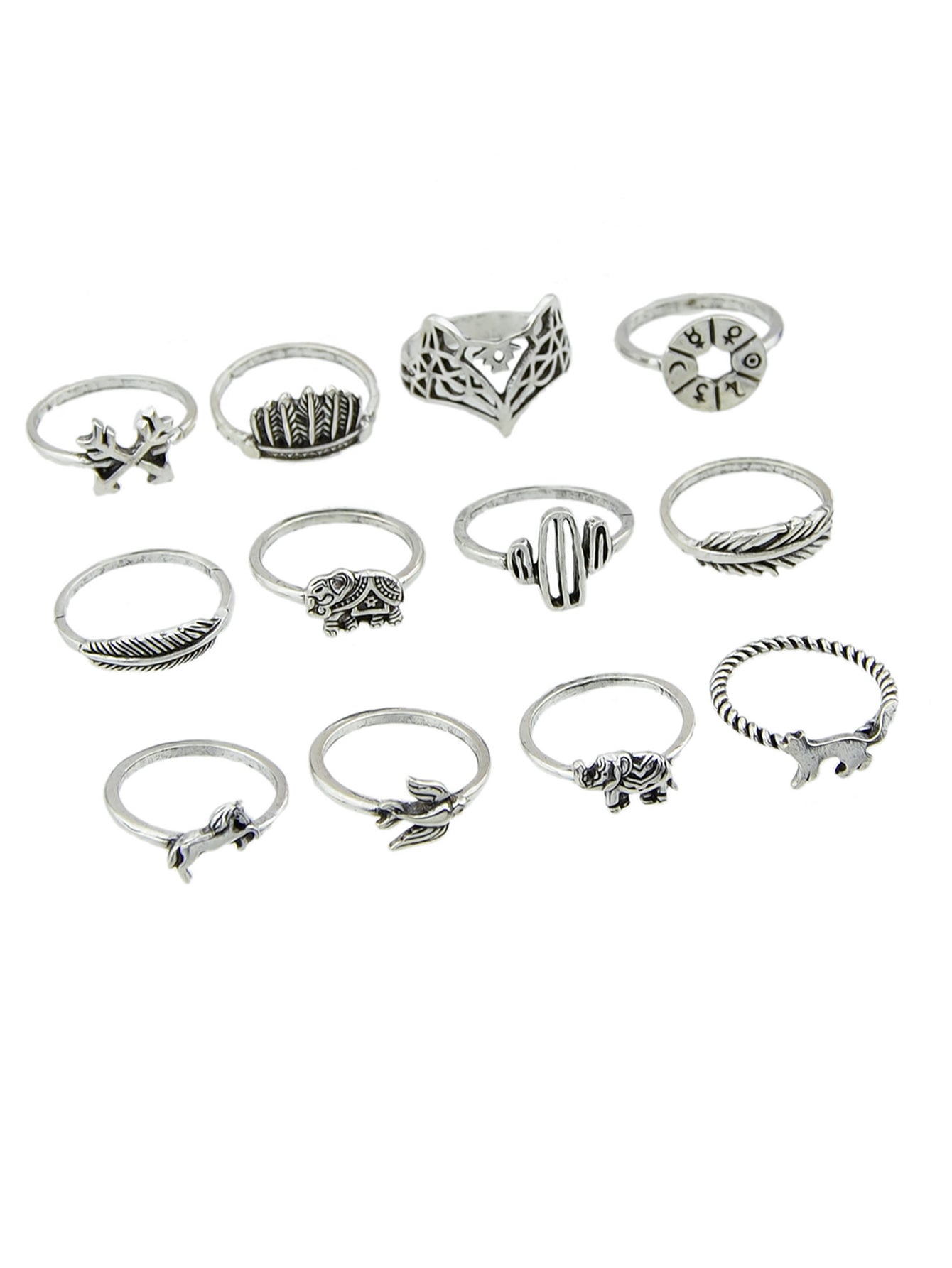 12 pcs Antique Silver Fox Bird Elephant Stackable Multiple Ring Set Jewellery-1