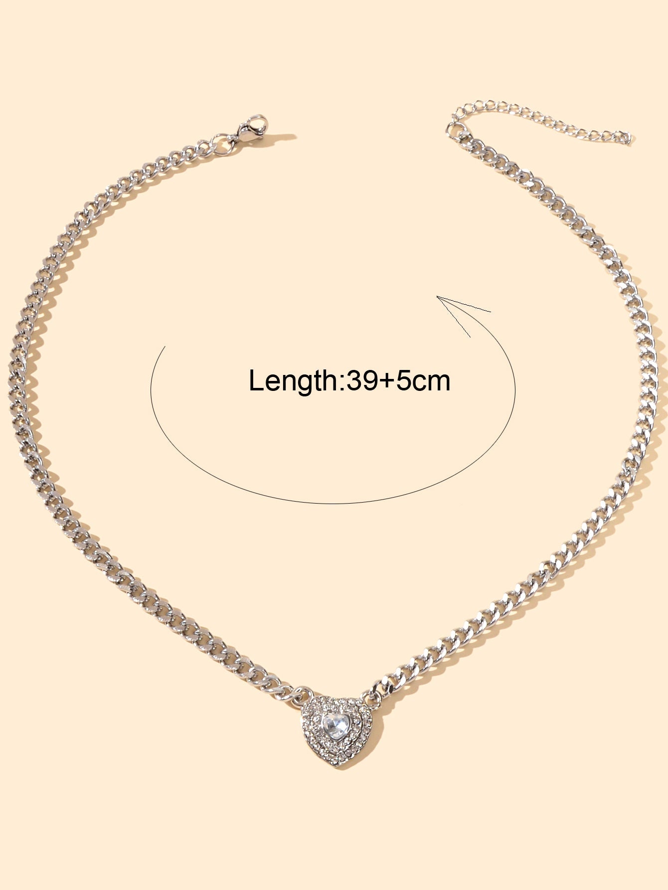 Textured Jewellery Silver Chain Full Rhinestone Heart Pendant Necklace Jewellery