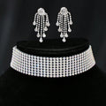 Silver Colour Full Crystal Short Choker Necklace & Tassel Earrings Jewellery Set