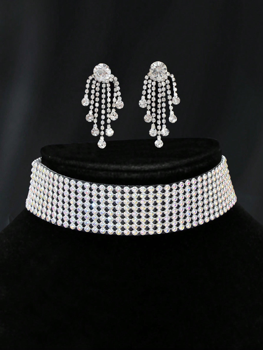 Silver Colour Full Crystal Short Choker Necklace & Tassel Earrings Jewellery Set-2