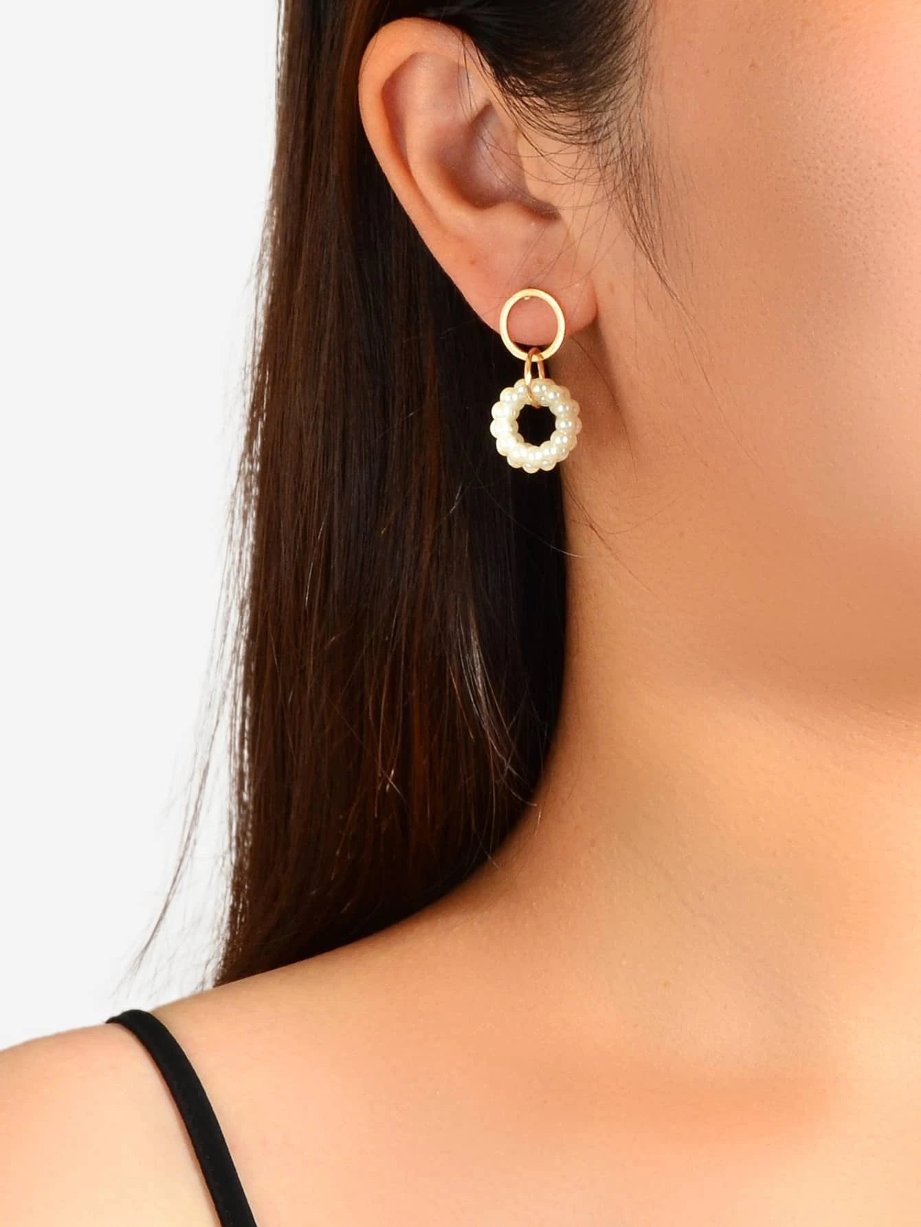 Pearl Decor Circle Dangle Drop Classical Earrings Ladies Girls Teens Hoop Stud