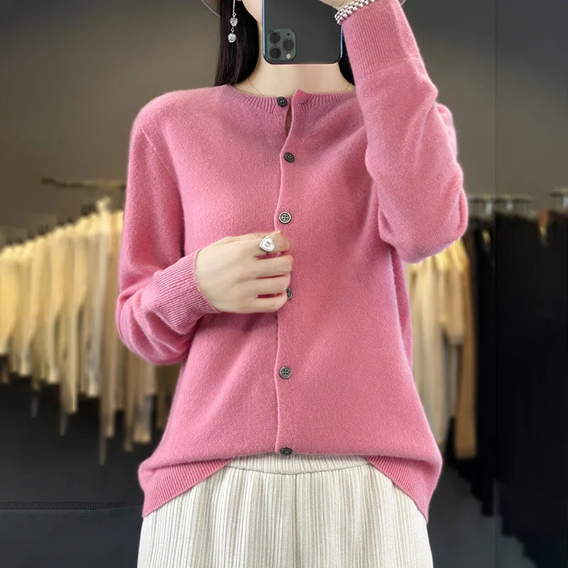 100% Merino Wool Sweater Women O-Neck Cardigan Basic Style  Buttoned Knitwear Female Casual Autumn Winter Soft Tops