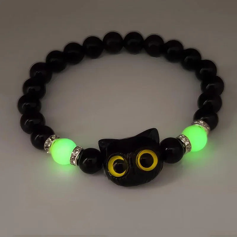 1 PC Matching Bracelets Couples Women Men Luminous Cute Cat Friendship Bracelete Black White Cat Head Bead Strand Bracelet