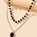 Silver Link Chain Black Beads Layering Personalized Square Charm Necklace Gift