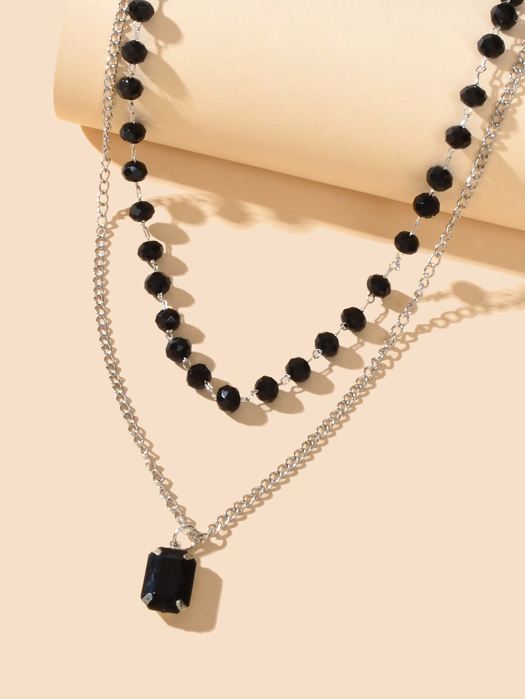 Silver Link Chain Black Beads Layering Personalized Square Charm Necklace Gift
