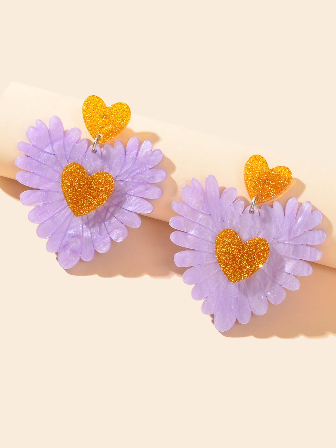 Sweet Holiday Acrylic Purple Flower Heart Earrings Valentine's Day Gift Jewelry-2