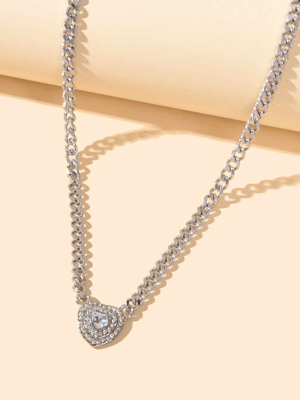 Textured Jewellery Silver Chain Full Rhinestone Heart Pendant Necklace Jewellery