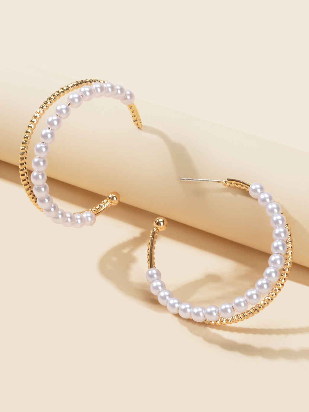 Good Quality Pearl Gold Metal Double layer Circle Chunky Hoop Huggie Earrings