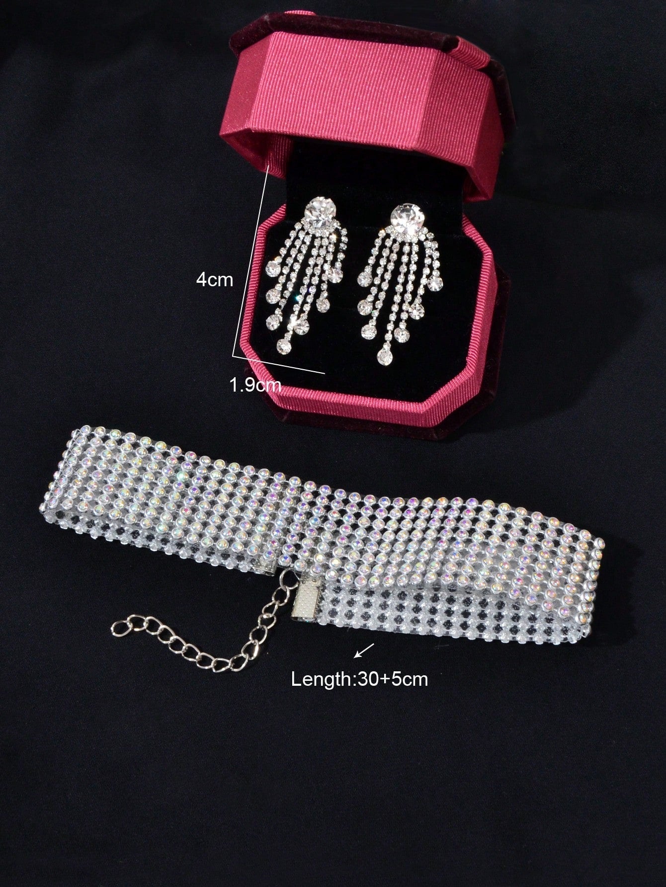 Silver Colour Full Crystal Short Choker Necklace & Tassel Earrings Jewellery Set-3