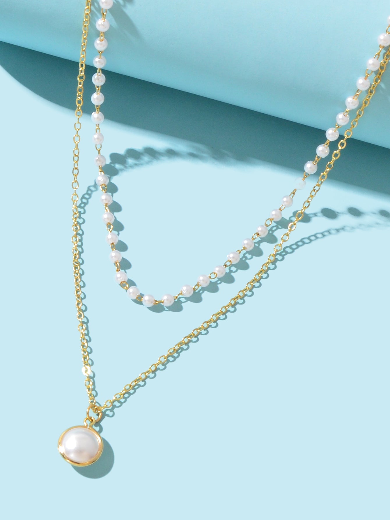 2 Layers Women Gold Pearl Charm Pendant Necklace Boho Statement Beautiful Choker-2