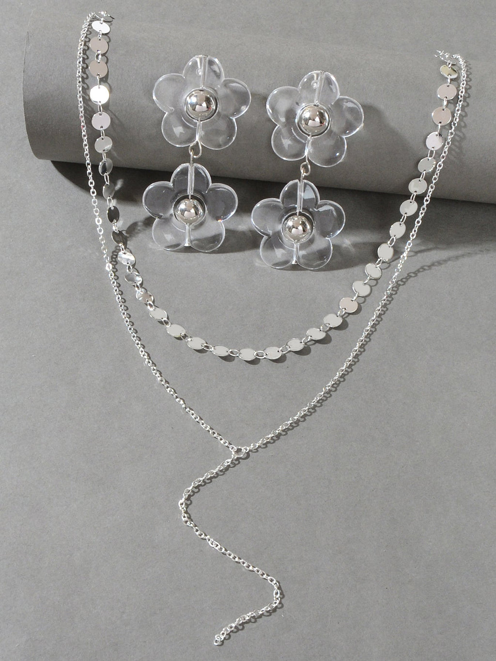 Multi-Layer Tassel Necklace Large Transparent Flower Stud Earrings Jewellery Set-2