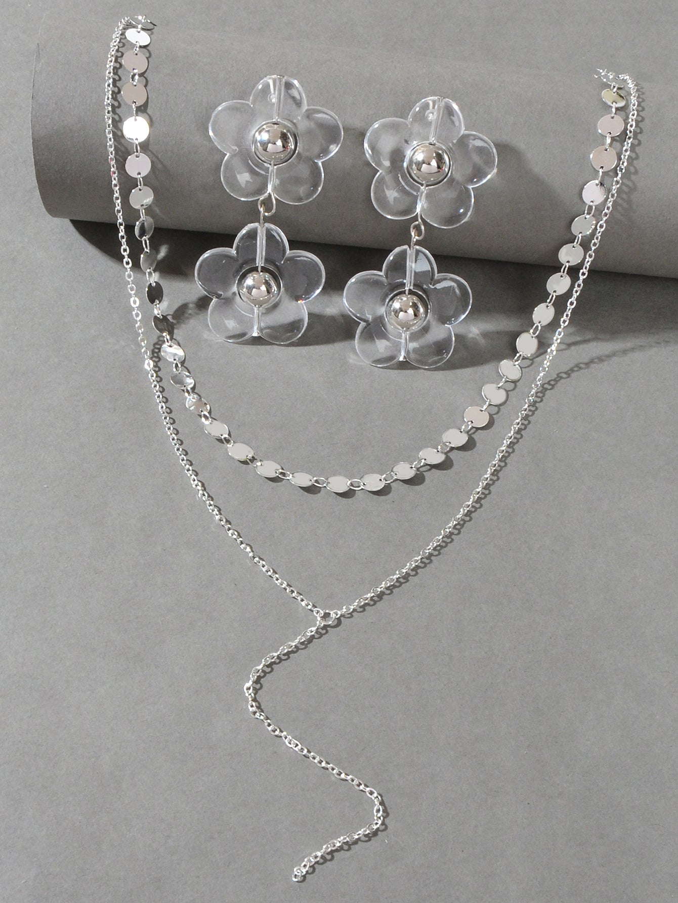 Multi-Layer Tassel Necklace Large Transparent Flower Stud Earrings Jewellery Set-2
