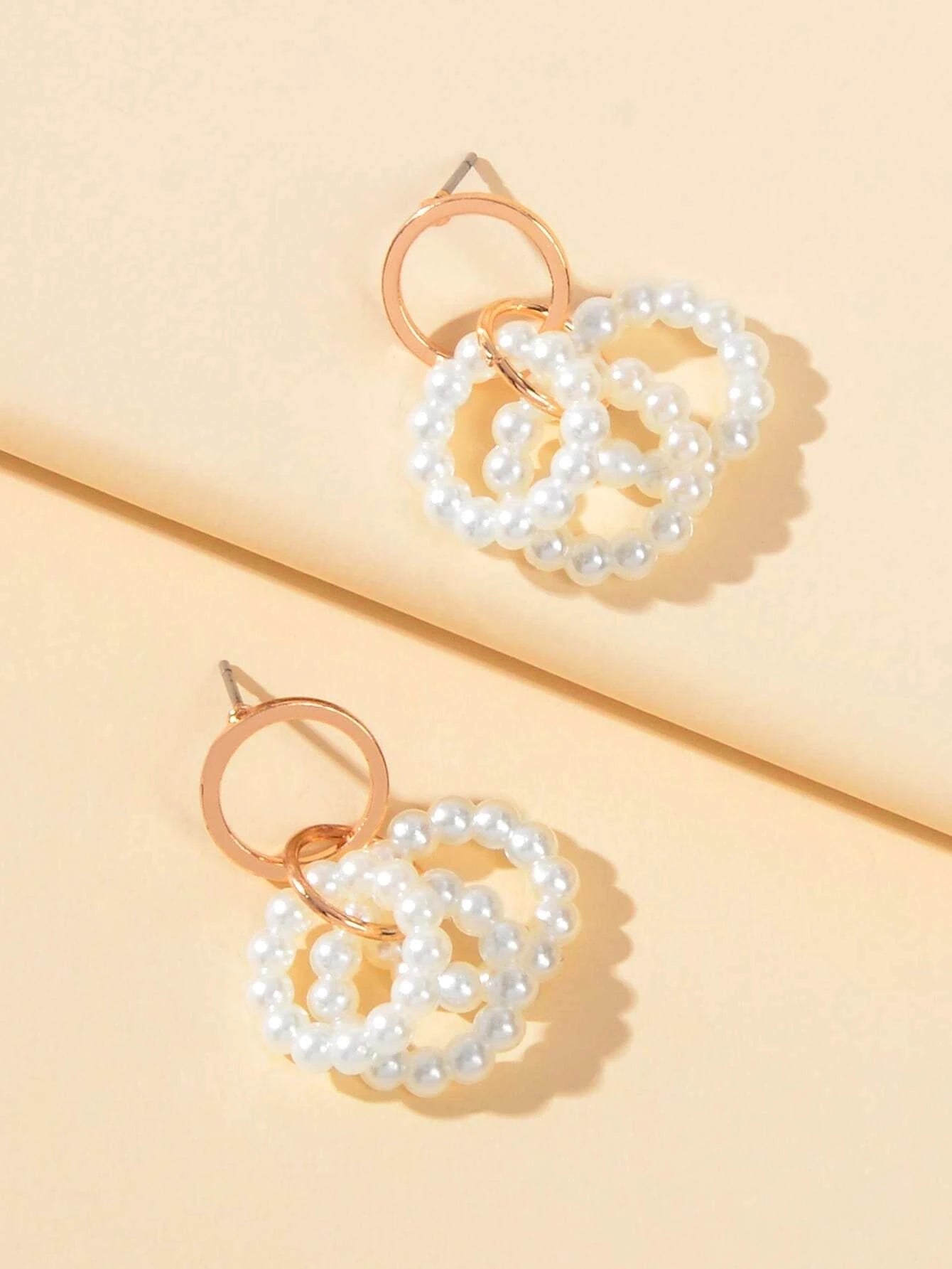 Pearl Decor Circle Dangle Drop Classical Earrings Ladies Girls Teens Hoop Stud