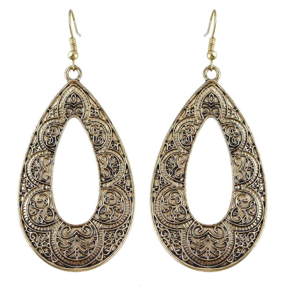 Tribal Ethnic Antique Gold Silver Carved Water Drop Big Earrings Boho Jewellery-3