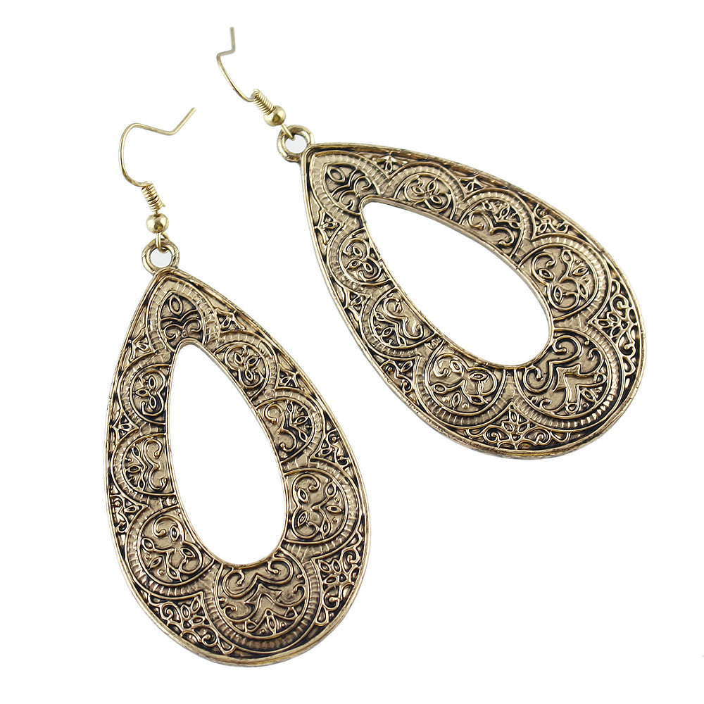 Tribal Ethnic Antique Gold Silver Carved Water Drop Big Earrings Boho Jewellery-4