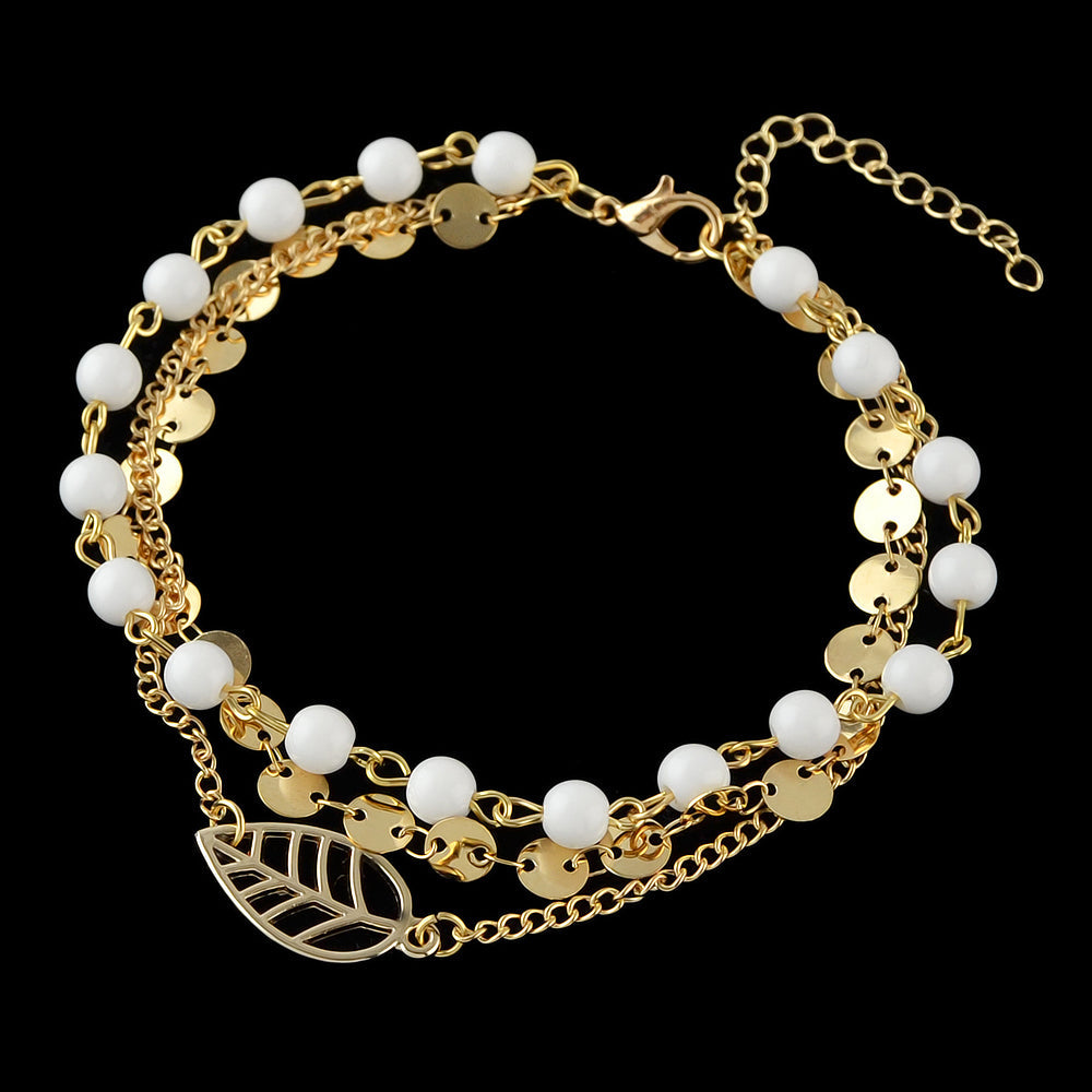 1 pc Foot Beach Jewellery Gold Silver Multi-layer Chain White Beads Leaf Anklet