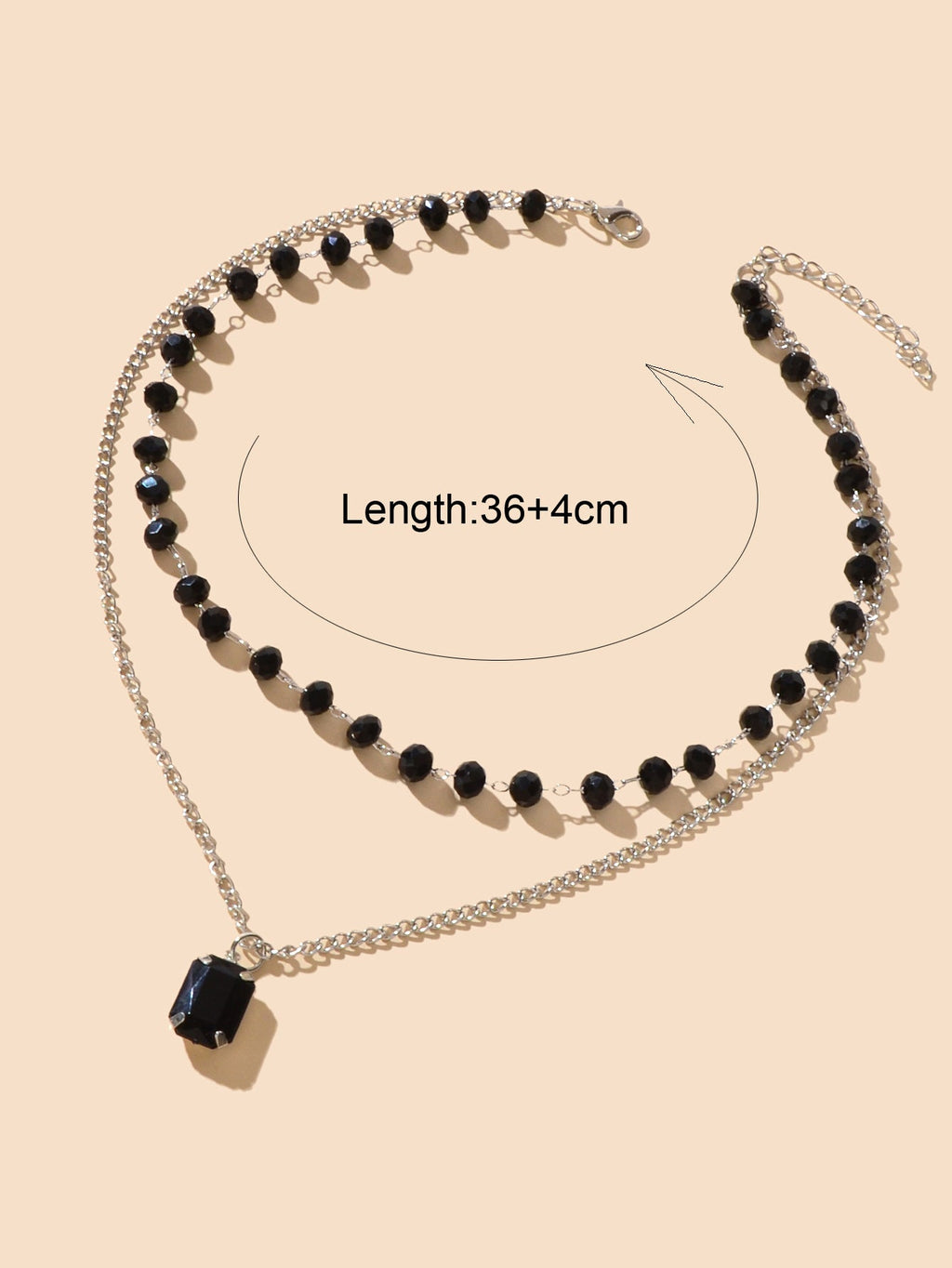 Silver Link Chain Black Beads Layering Personalized Square Charm Necklace Gift