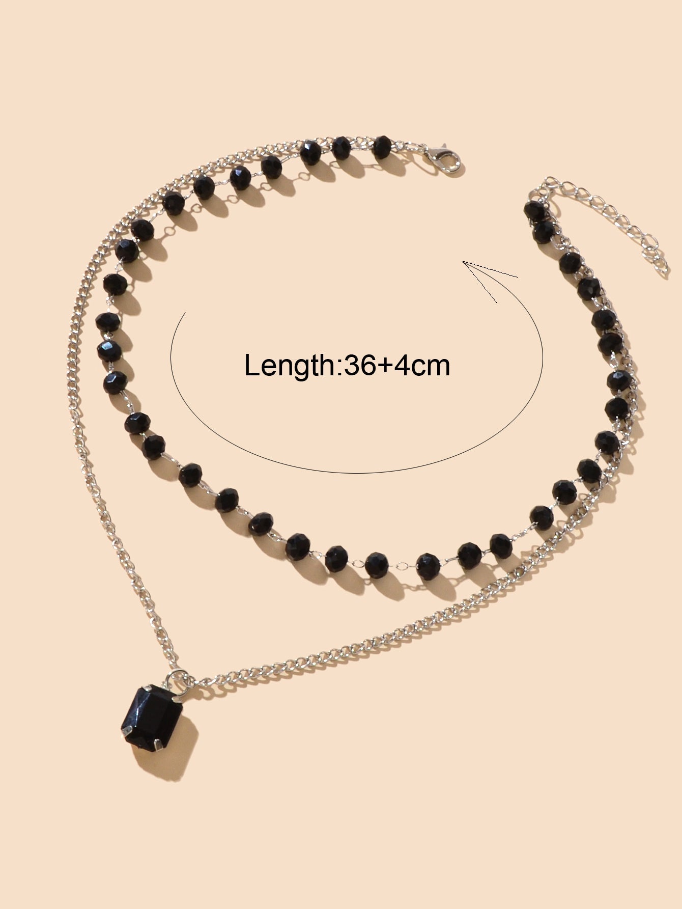 Silver Link Chain Black Beads Layering Personalized Square Charm Necklace Gift
